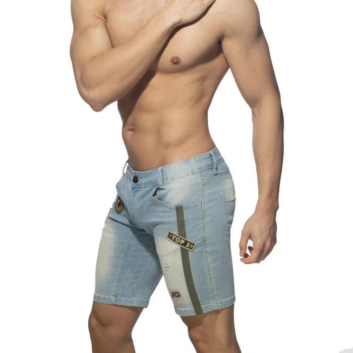 ADDICTED BERMUDA JEANS WITH PATCHES - LIGHT BLUE - ADDICTED SA