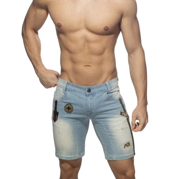 ADDICTED BERMUDA JEANS WITH PATCHES - LIGHT BLUE - ADDICTED SA