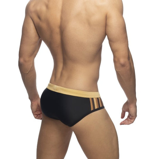 ADDICTED BLACK STRIPED SWIM BRIEF - GOLD