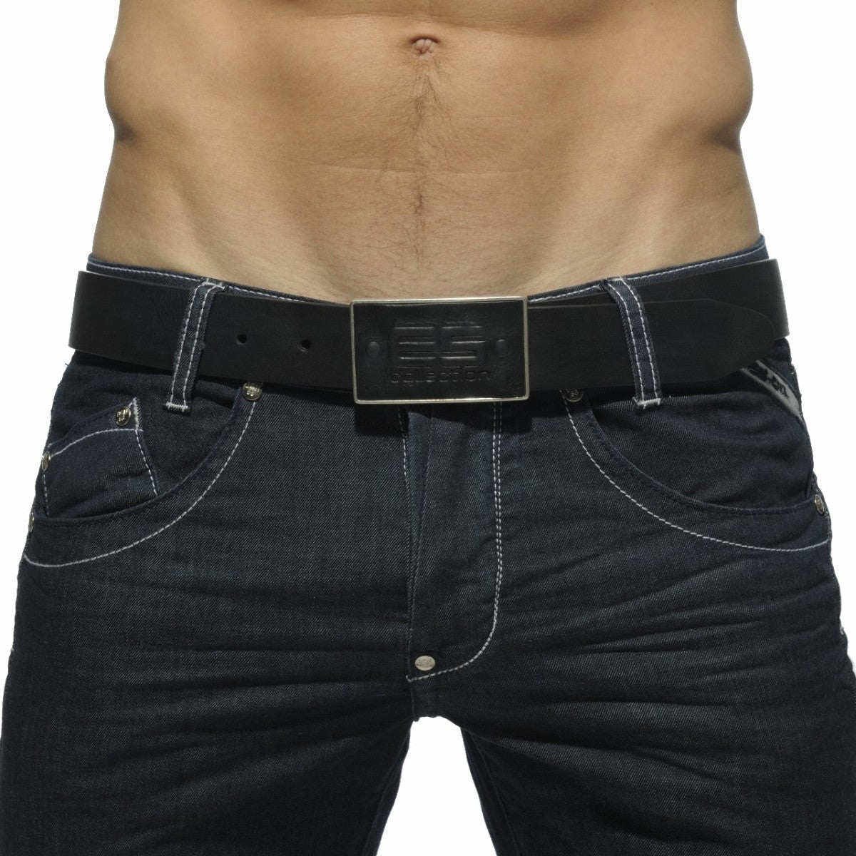 ES COLLECTION LEATHER BELT WITH EMBOSSED LOGO - BLACK - ADDICTED SA