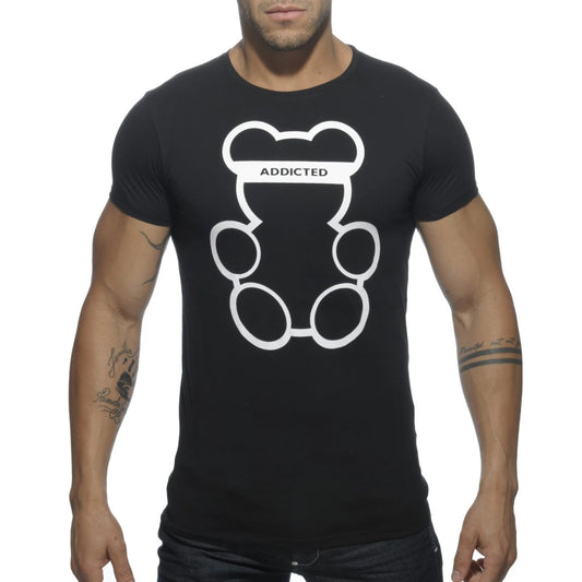 Addicted Bear Round Neck T-Shirt - Black