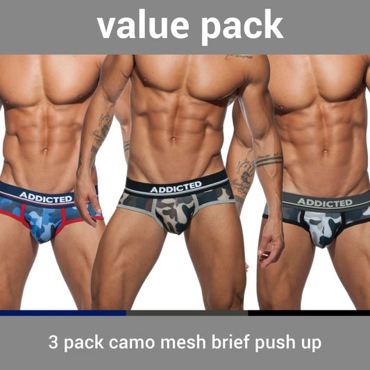 ADDICTED 3 PACK CAMO MESH BRIEF WITH SUPPORTIVE POUCH